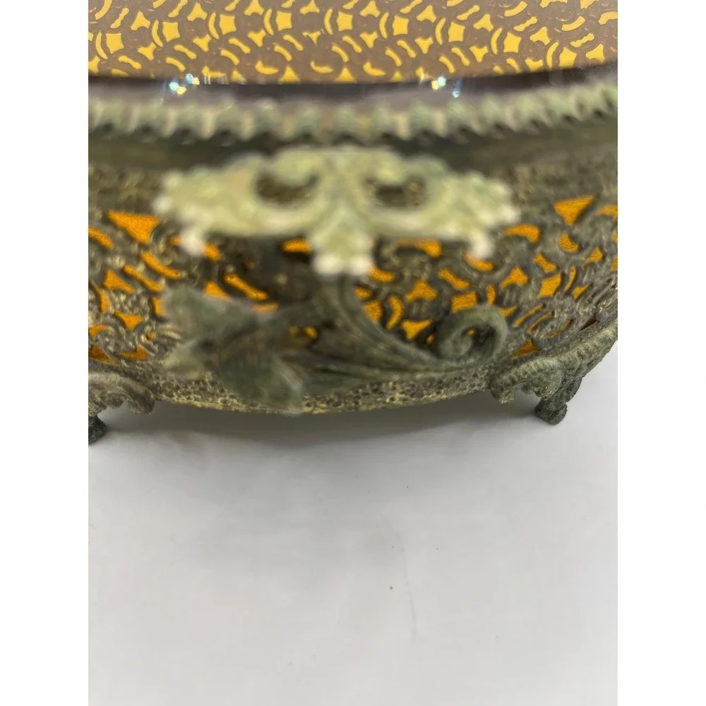 Vintage Ornate Filigree Jewelry Box Amber‎ Glass Oval Footed Trinket Casket